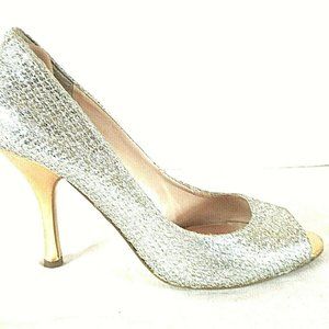 Nine West Gold Glitter Slip On Open Toe Pumps Heels Shoes Women's 10 M (SW21)pm2